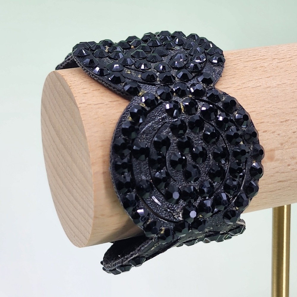 Black Rhinestone Leather Cuff Bracelet Wide Gothic Statement Double Snap Closure